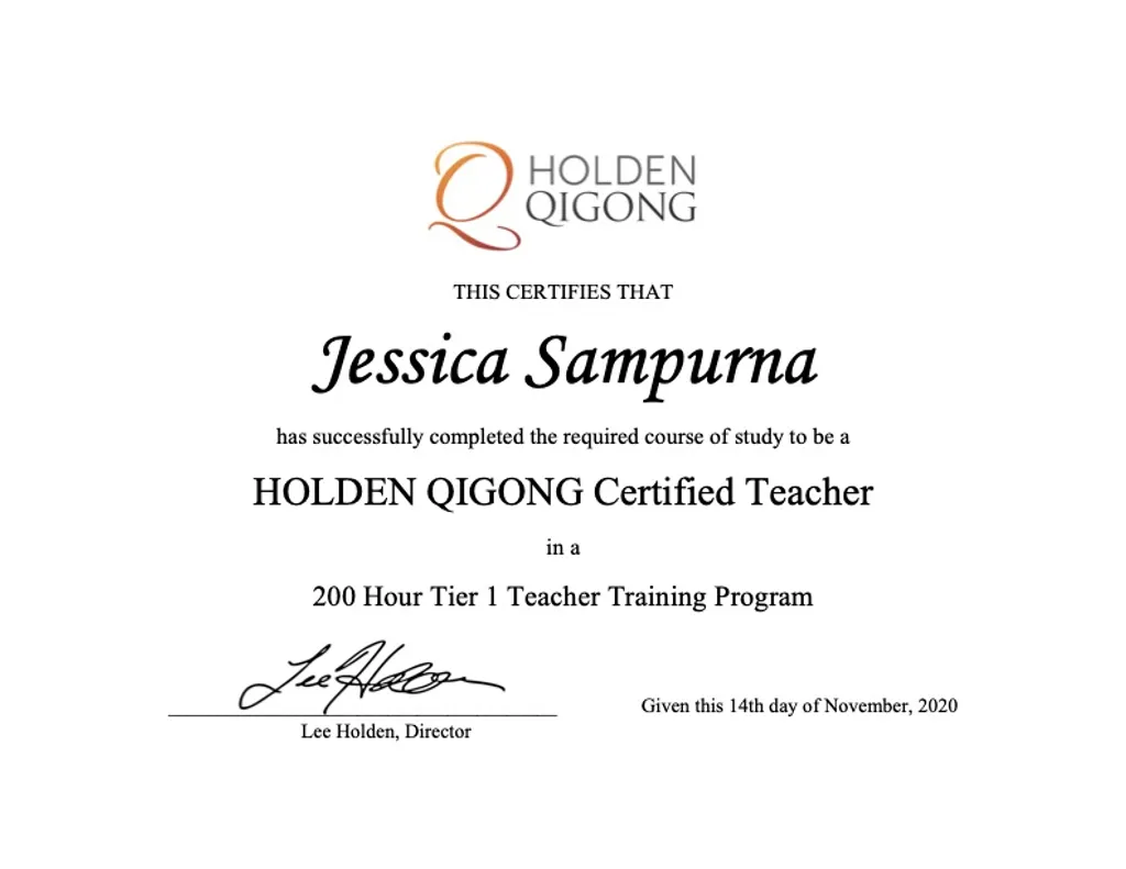 Jessica Sampurna - Holden Qigong Tier 1 (200 hrs) Certified Teacher certificate