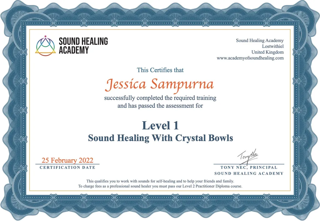 Jessica Sampurna - Sound Healing with Crystal Bowls Level 1 certificate