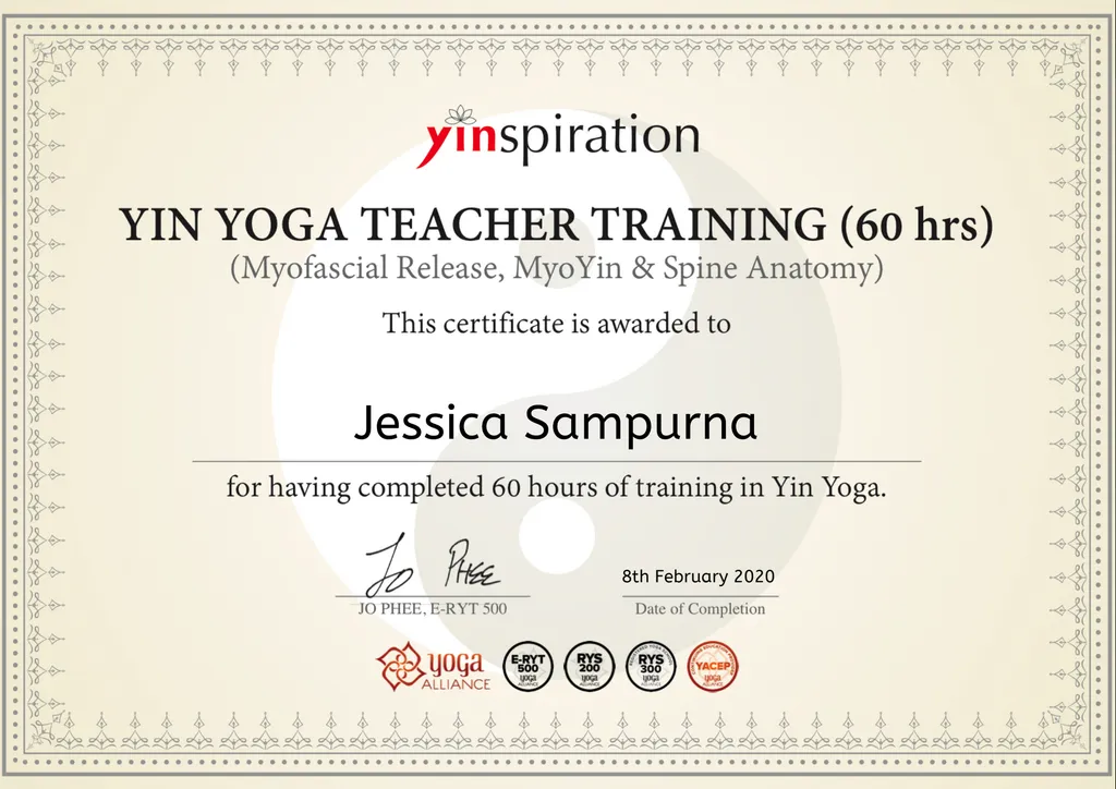 Jessica Sampurna - Yin Yoga Teacher Training (60hrs) - Myofascial Release, MyoYin & Spine Anatomy certificate